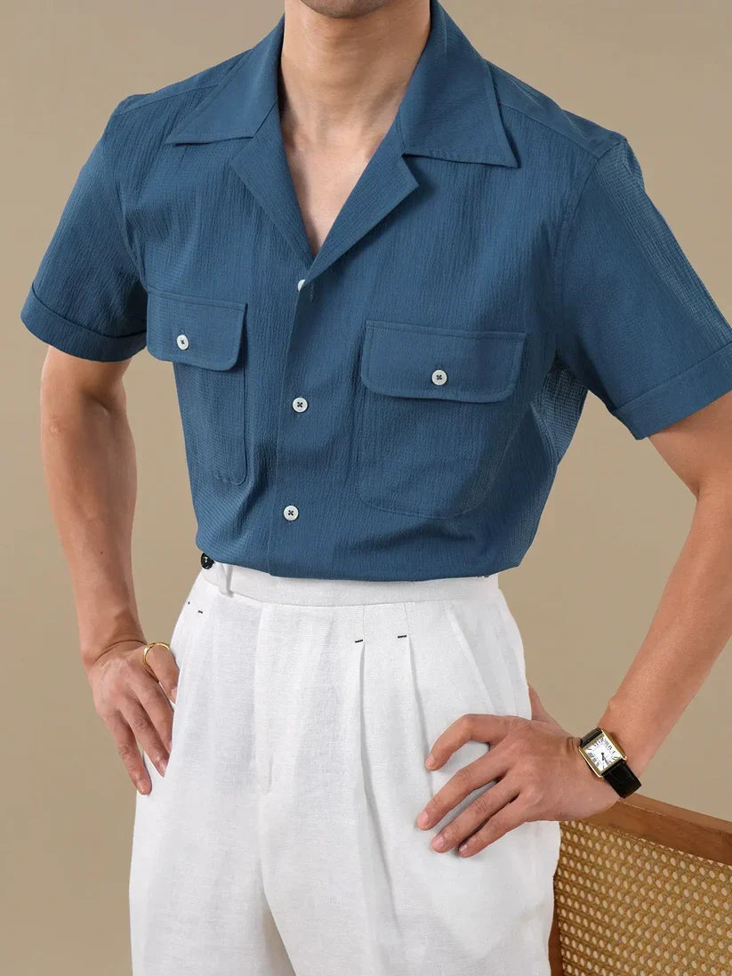 Italian Vega - Cuban Collar Short Sleeves Crimpled Linen