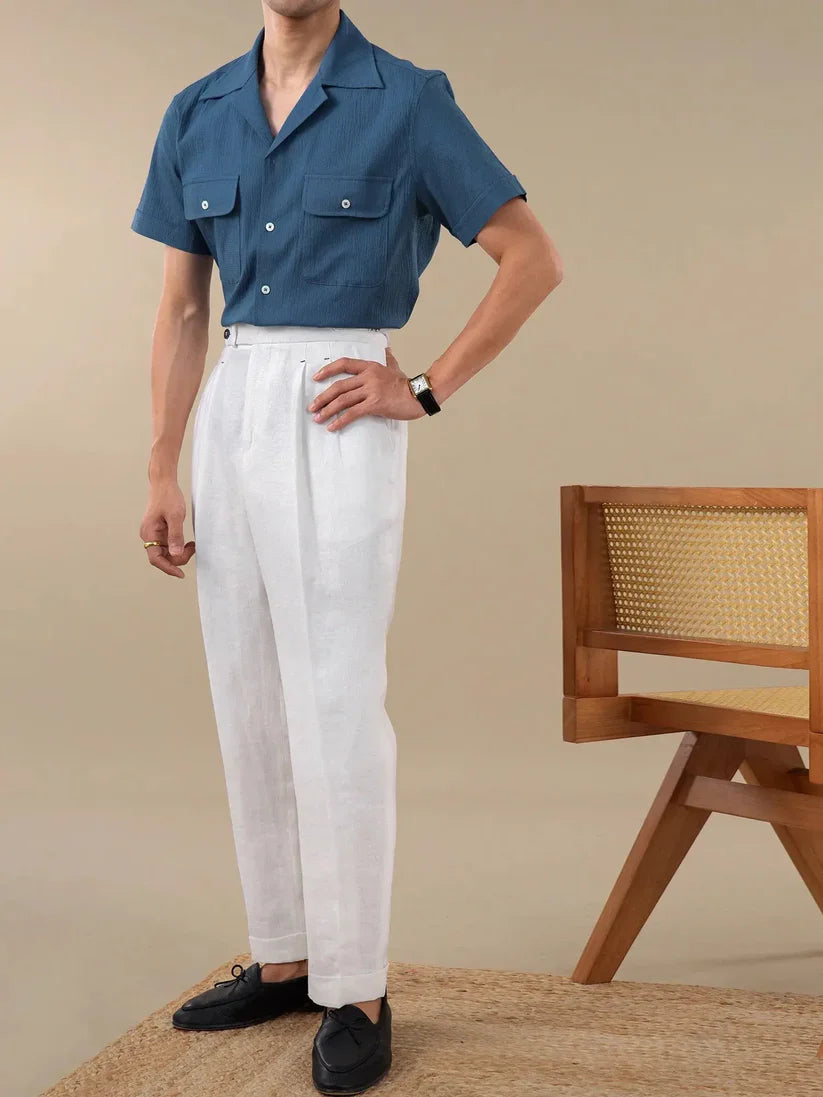 Italian Vega - Cuban Collar Short Sleeves Crimpled Linen
