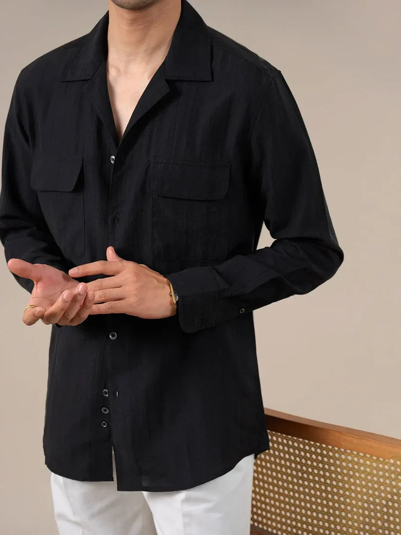Italian Vega Crumple Linen Cuban Collar Dual Pocket Shirt
