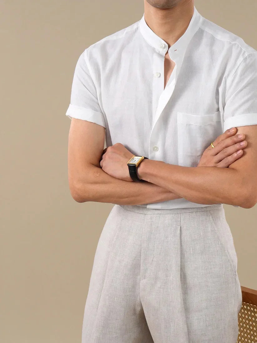 Italian Vega - Band Collar Solid Linen Shirt