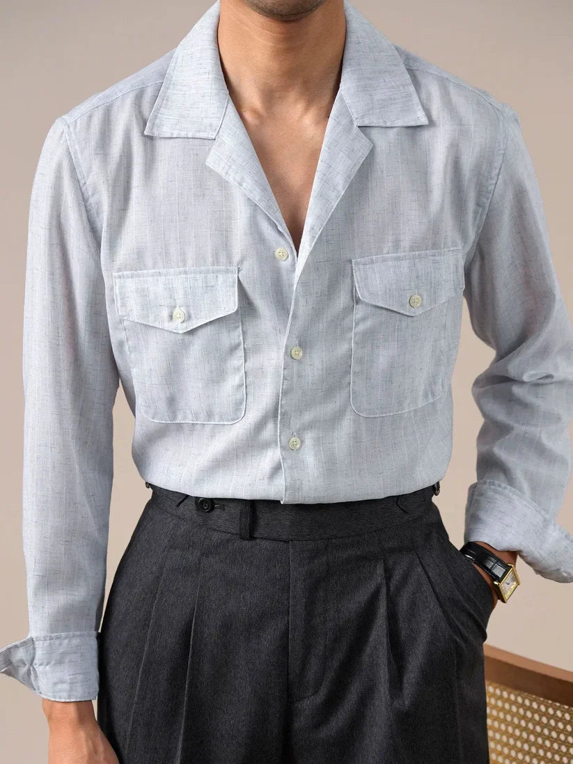 Italian Vega Blend Linen Cuban Collar Safari Shirt