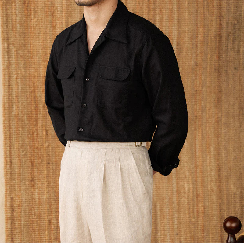 Italian Vega Open Spread Collar 100% Linen Safari Shirt
