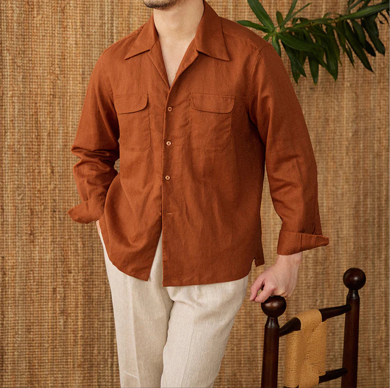 Italian Vega Open Spread Collar 100% Linen Safari Shirt