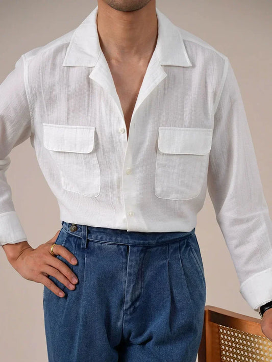 Italian Vega Crumple Linen Cuban Collar Dual Pocket Shirt