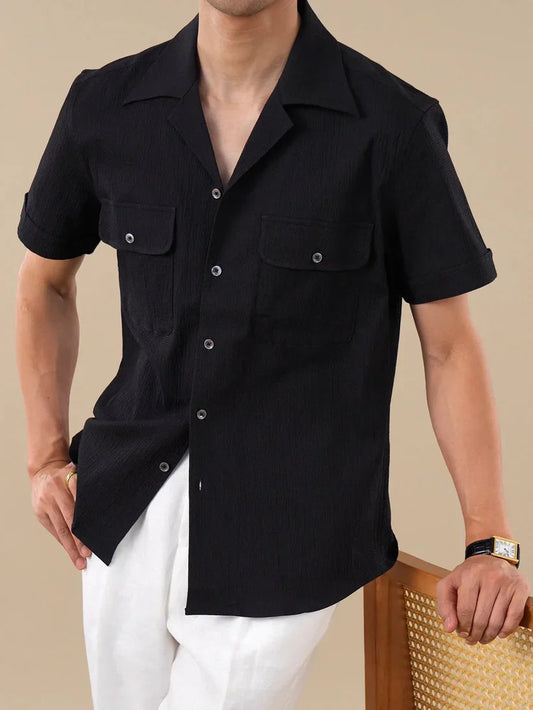 Italian Vega - Cuban Collar Short Sleeves Crimpled Linen