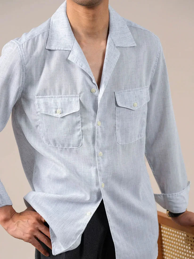 Italian Vega Blend Linen Cuban Collar Safari Shirt