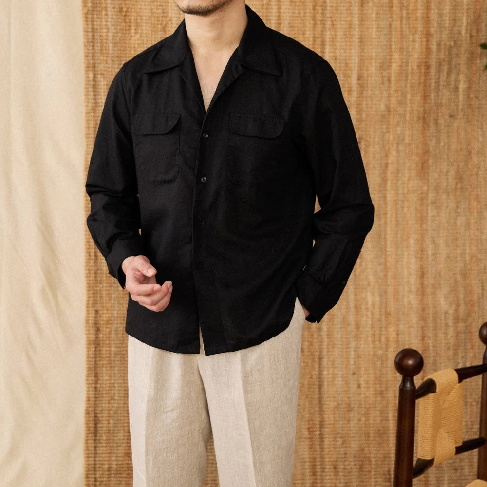 Italian Vega Open Spread Collar 100% Linen Safari Shirt