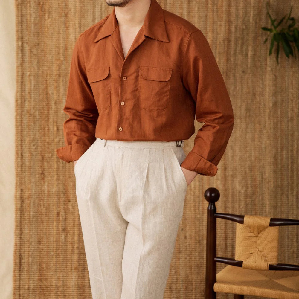 Italian Vega Open Spread Collar 100% Linen Safari Shirt