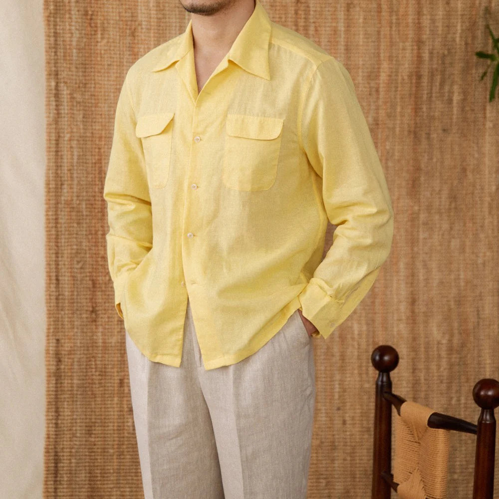 Italian Vega Open Spread Collar 100% Linen Safari Shirt
