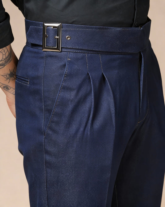 Blue Denim Classic Buckle Gurkha Trouser Pants | Boot Cut Fit by Italian Vega®