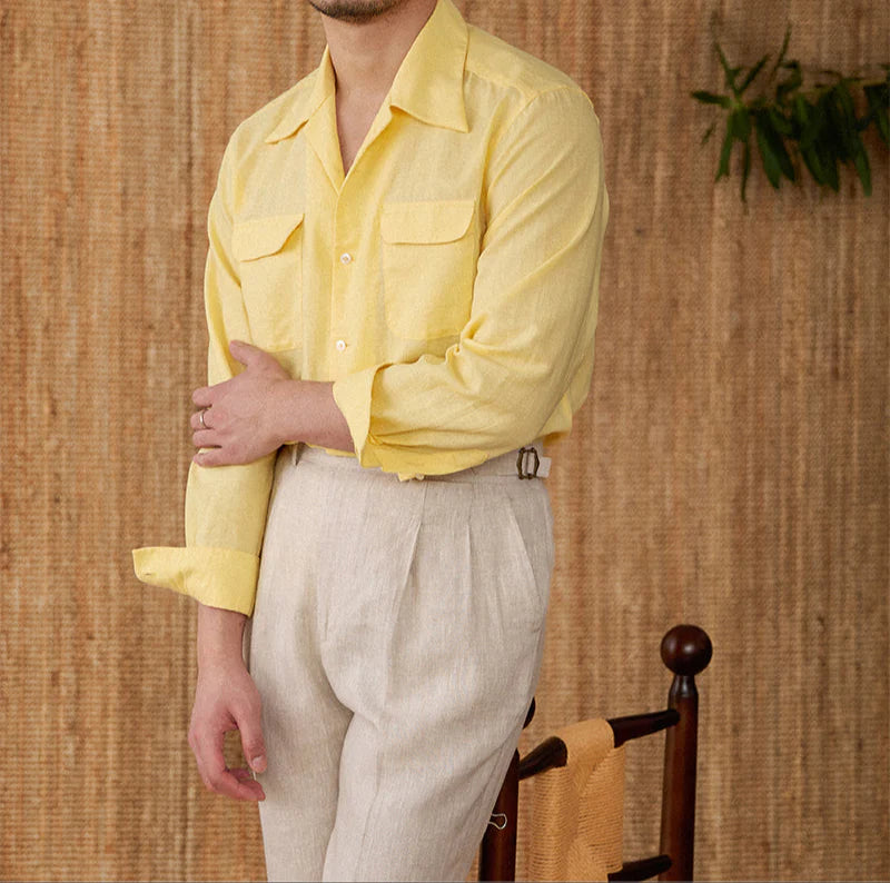Italian Vega Open Spread Collar 100% Linen Safari Shirt