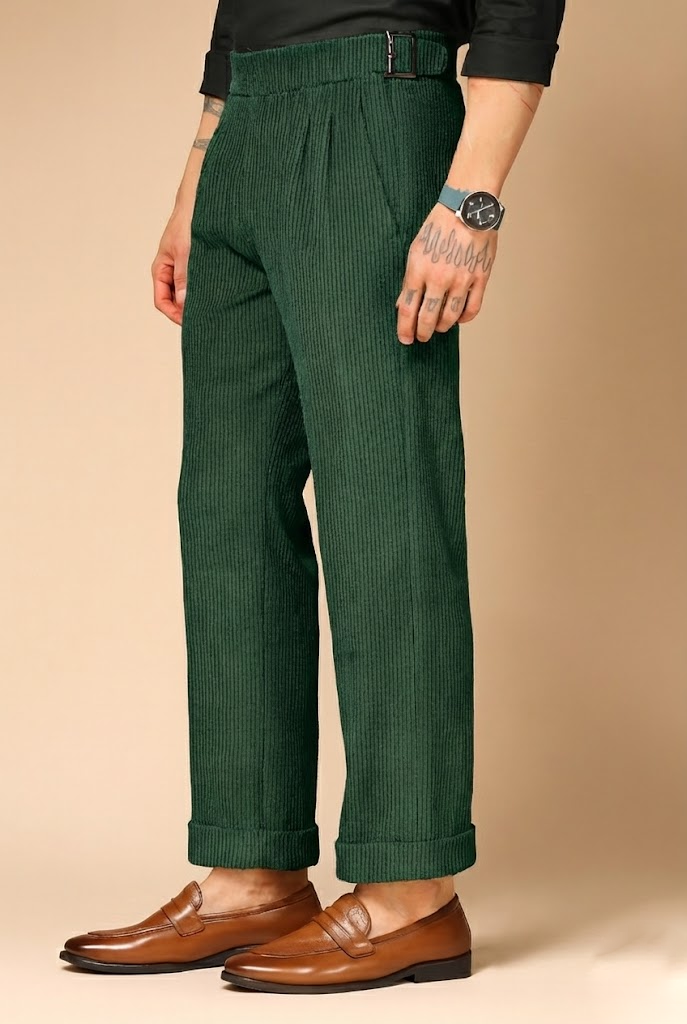 Bottle Green Corduroy Classic Buckle Gurkha Pants | Boot Cut Fit by ITALIAN VEGA®